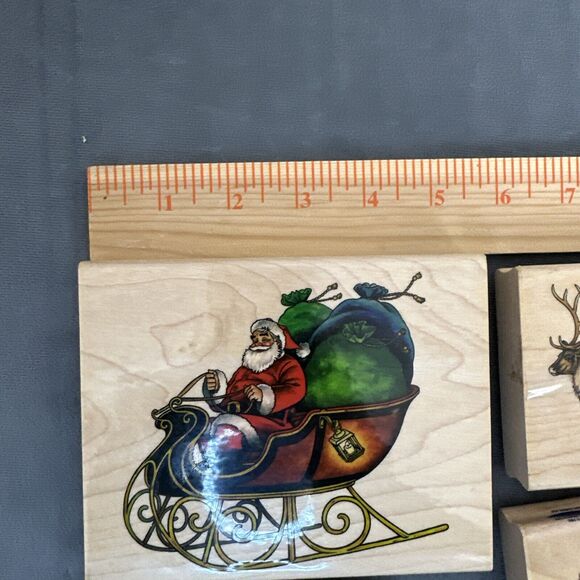 Stampabilities Wood Rubber Stamp Lot Christmas Holiday Santa Reindeer Train Tag - Picture 3 of 11